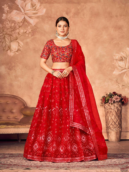 Wedding Designer Red Organzalehengha Choli - Anbazaar
