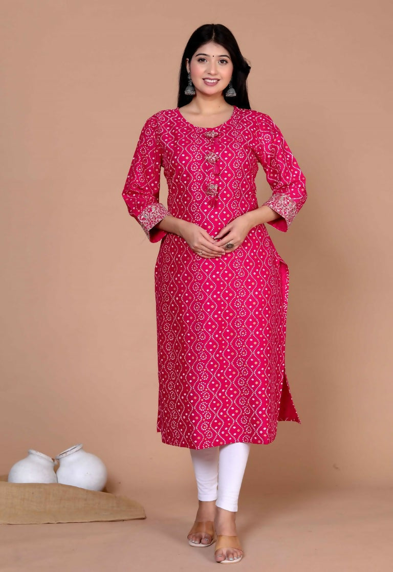 Miravan Women's Plus Size Pink Bandhani Pakistani Straight Kurti