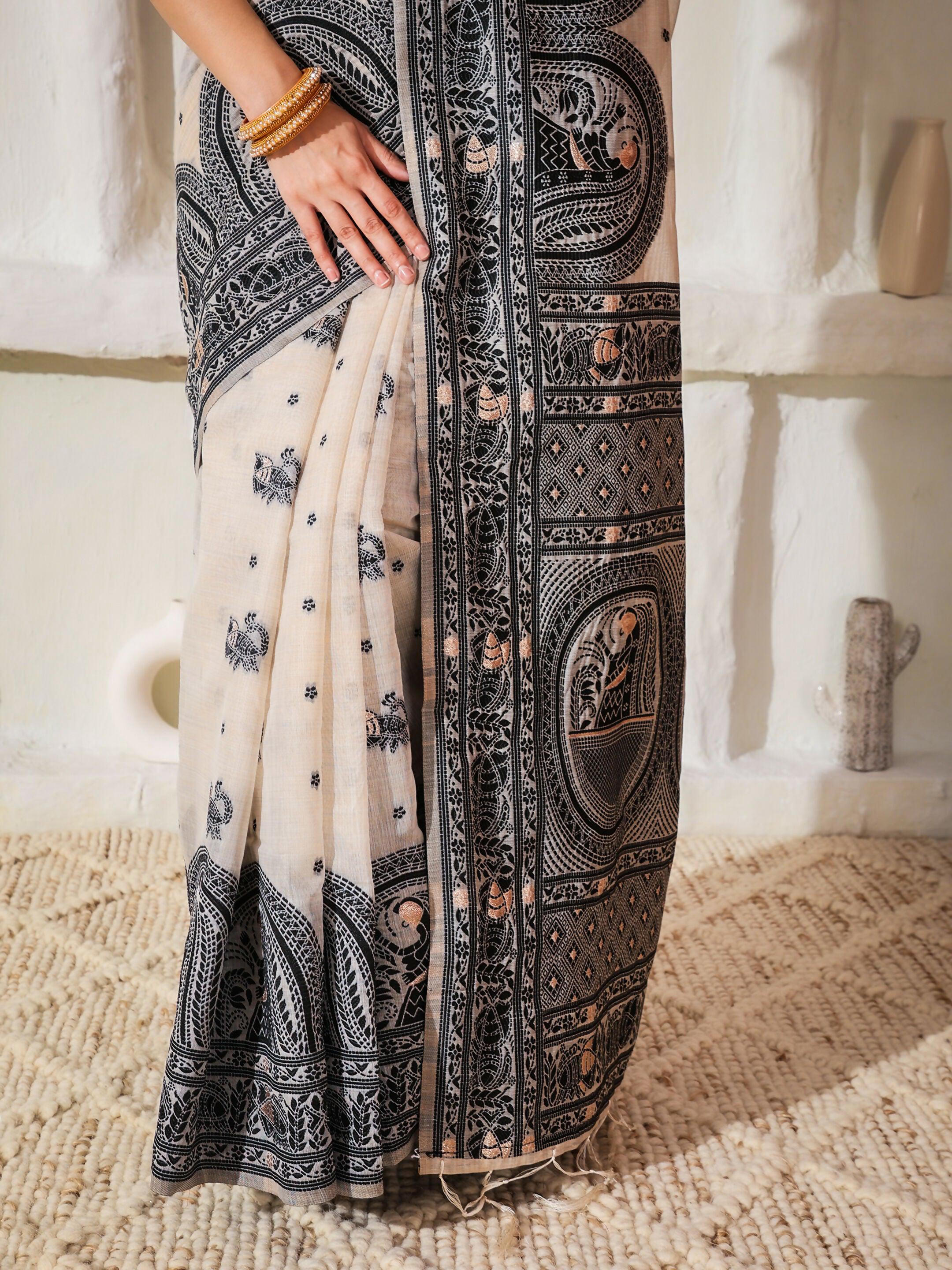 Shree Shyam Fashion Linen Cotton Black & Cream Saree - Distacart
