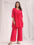 Janasya From Style Master Dobby Georgette Self Design Gathered Top & Bottom Set - Distacart