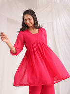 Janasya From Style Master Dobby Georgette Self Design Gathered Top & Bottom Set - Distacart