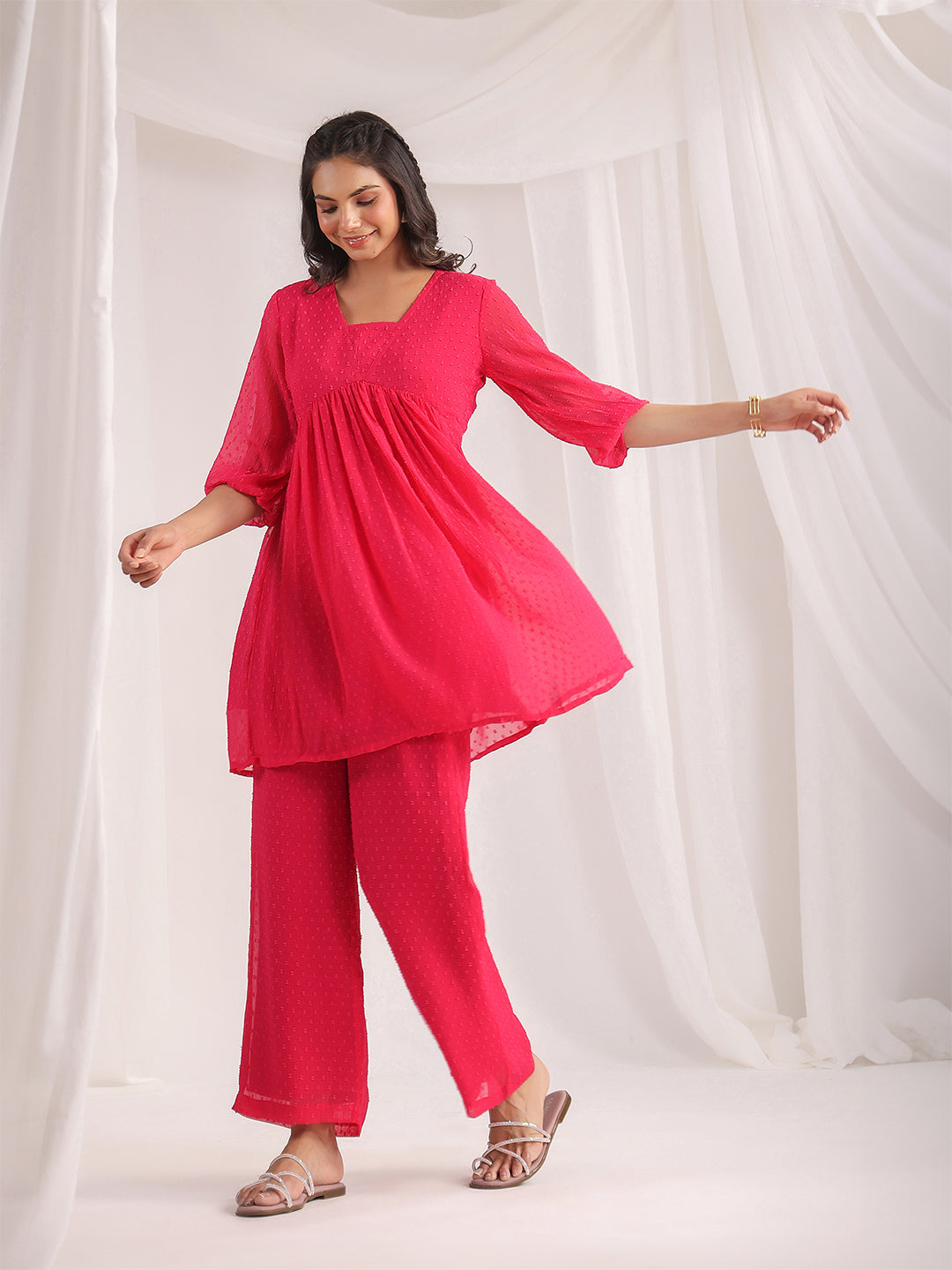 Janasya From Style Master Dobby Georgette Self Design Gathered Top & Bottom Set - Distacart