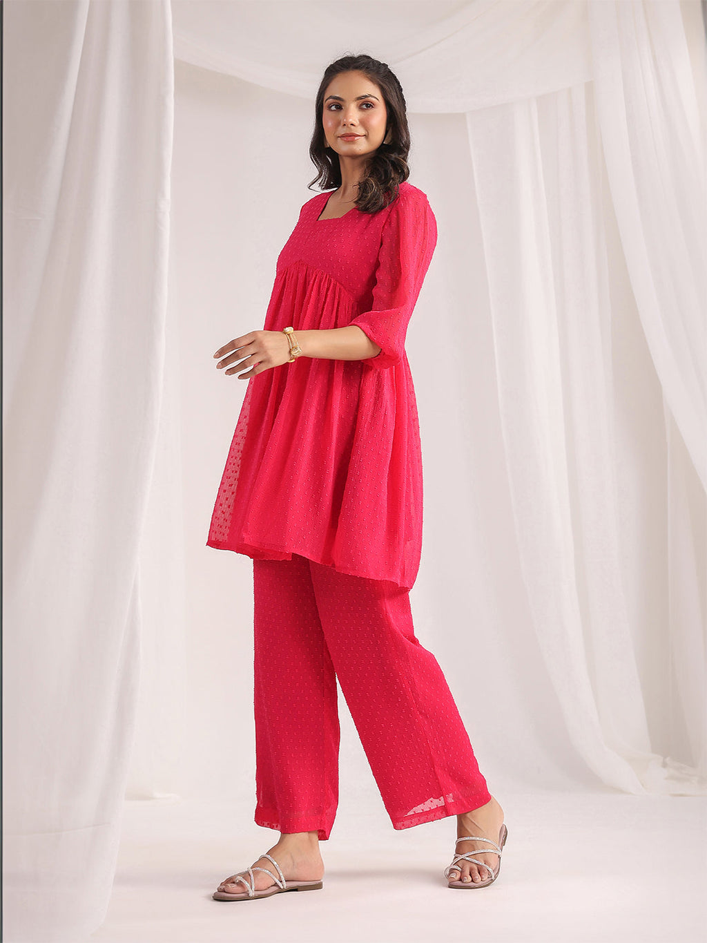Janasya From Style Master Dobby Georgette Self Design Gathered Top & Bottom Set - Distacart