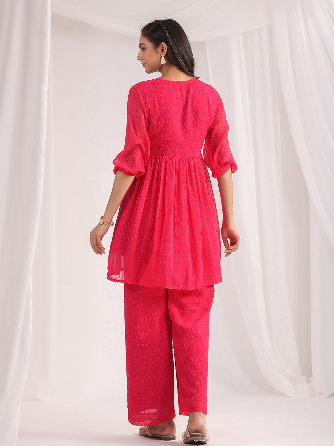 Janasya From Style Master Dobby Georgette Self Design Gathered Top & Bottom Set - Distacart