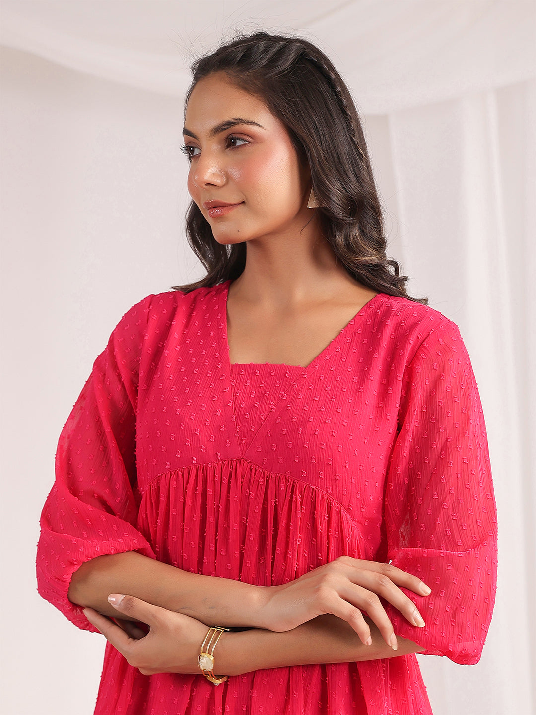 Janasya From Style Master Dobby Georgette Self Design Gathered Top & Bottom Set - Distacart