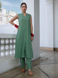 Janasya Straight Jacquard Sage Self Design V-Neck with Band Collar Kurta & Bottom