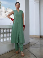 Janasya Straight Jacquard Sage Self Design V-Neck with Band Collar Kurta & Bottom
