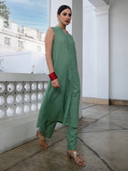 Janasya Straight Jacquard Sage Self Design V-Neck with Band Collar Kurta & Bottom