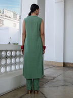 Janasya Straight Jacquard Sage Self Design V-Neck with Band Collar Kurta & Bottom