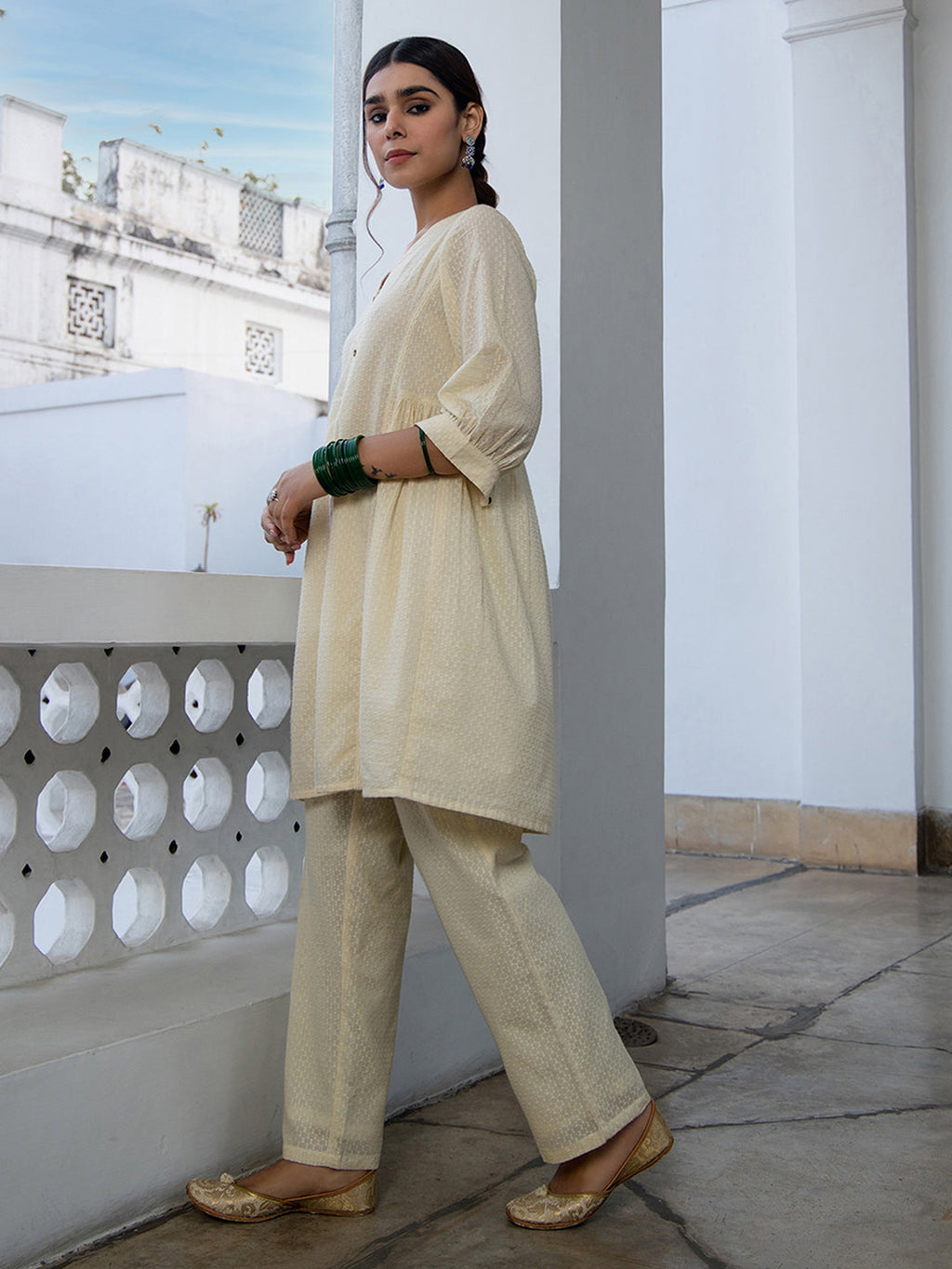 Janasya A-Line Dobby Cotton Cream Self Design V-Neck Tunic & Bottom
