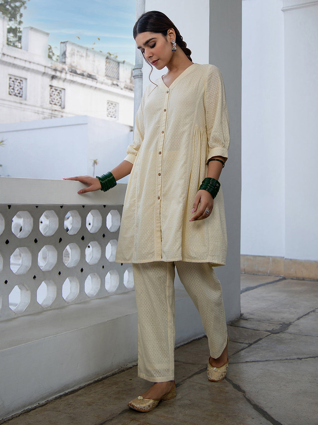 Janasya A-Line Dobby Cotton Cream Self Design V-Neck Tunic & Bottom
