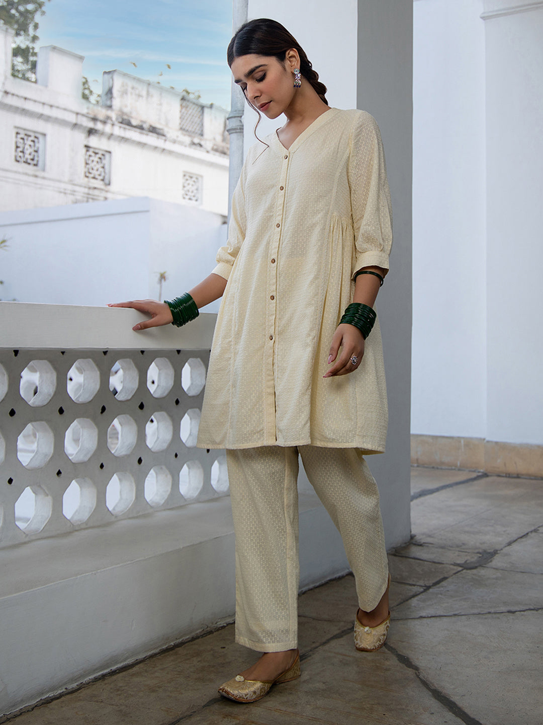 Janasya A-Line Dobby Cotton Cream Self Design V-Neck Tunic & Bottom