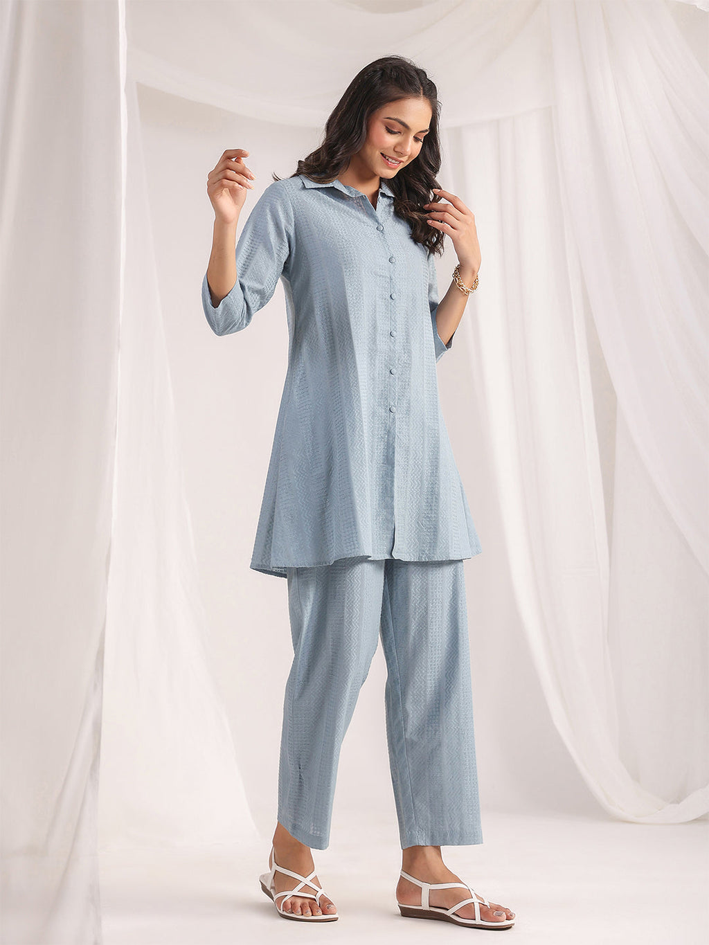 Janasya Light Jacquard Self Design Shirt Top & Bottom Set - Distacart