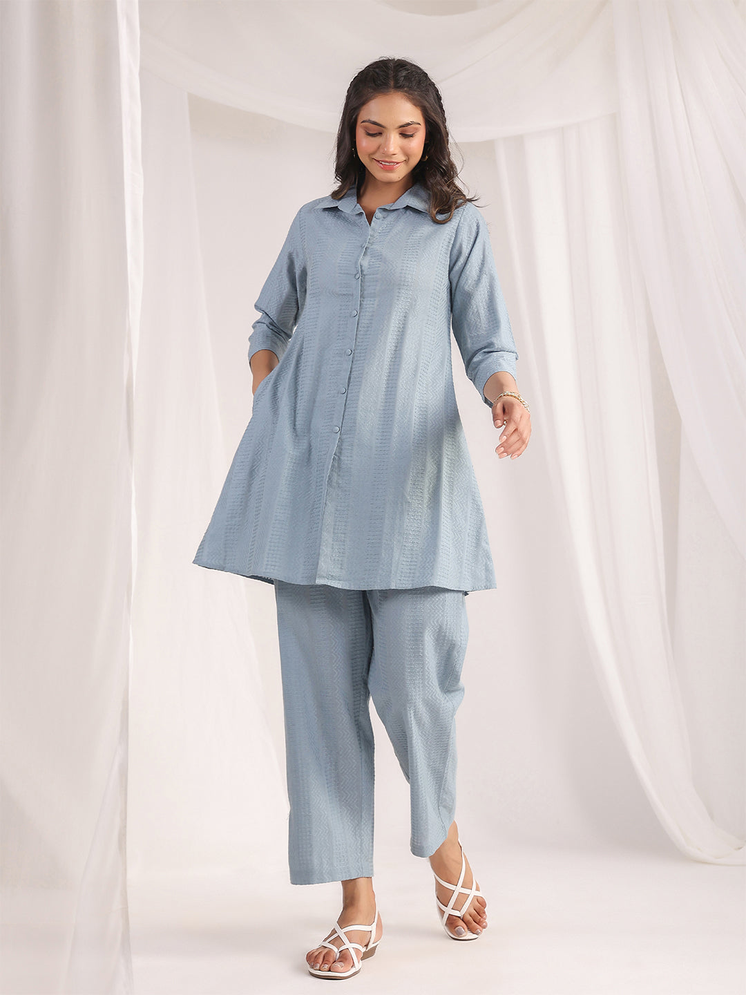 Janasya Light Jacquard Self Design Shirt Top & Bottom Set - Distacart