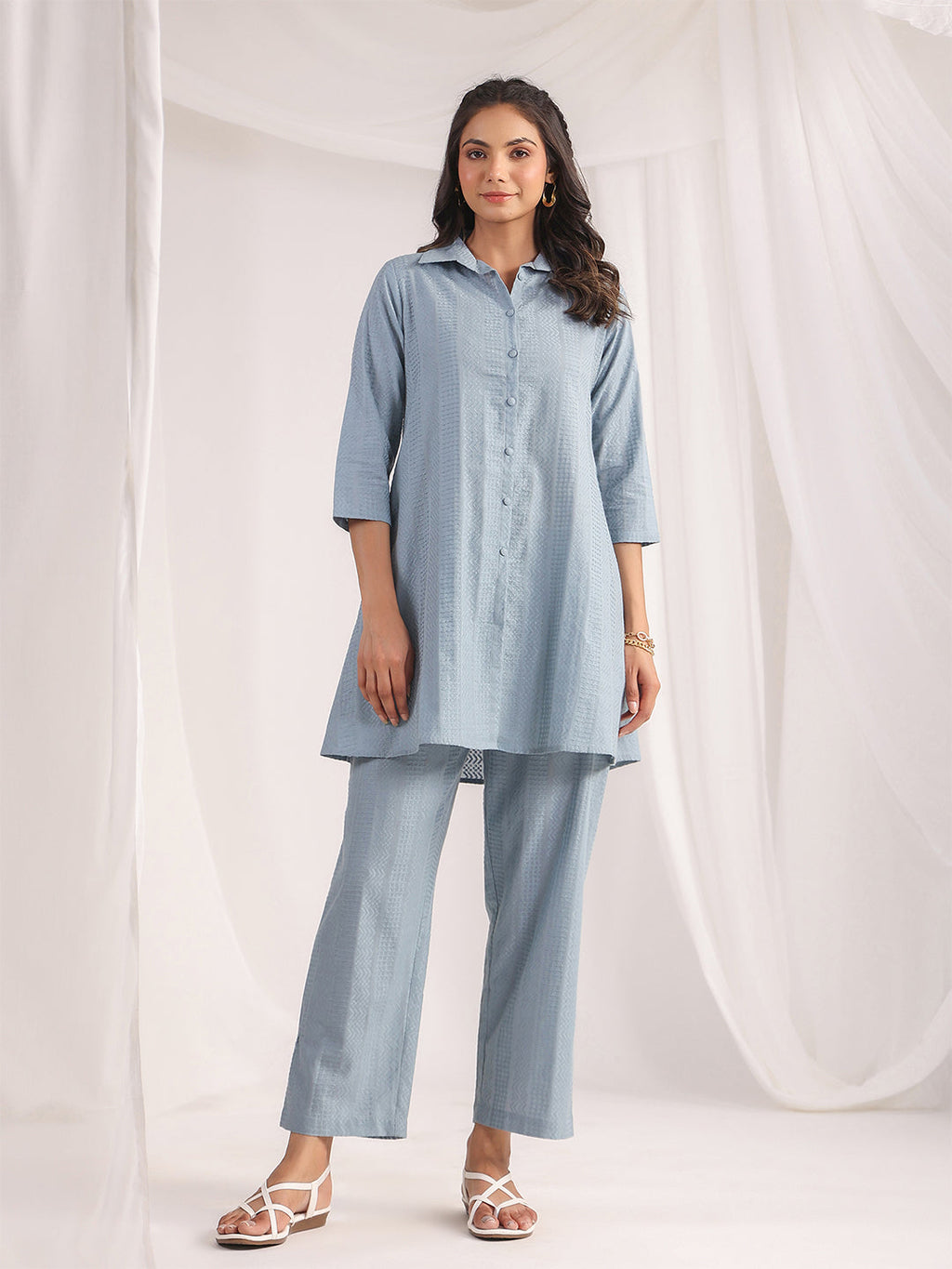 Janasya Light Jacquard Self Design Shirt Top & Bottom Set - Distacart