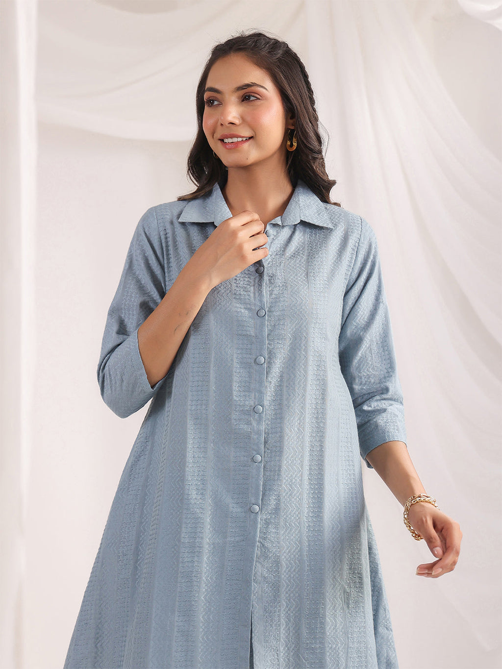 Janasya Light Jacquard Self Design Shirt Top & Bottom Set - Distacart