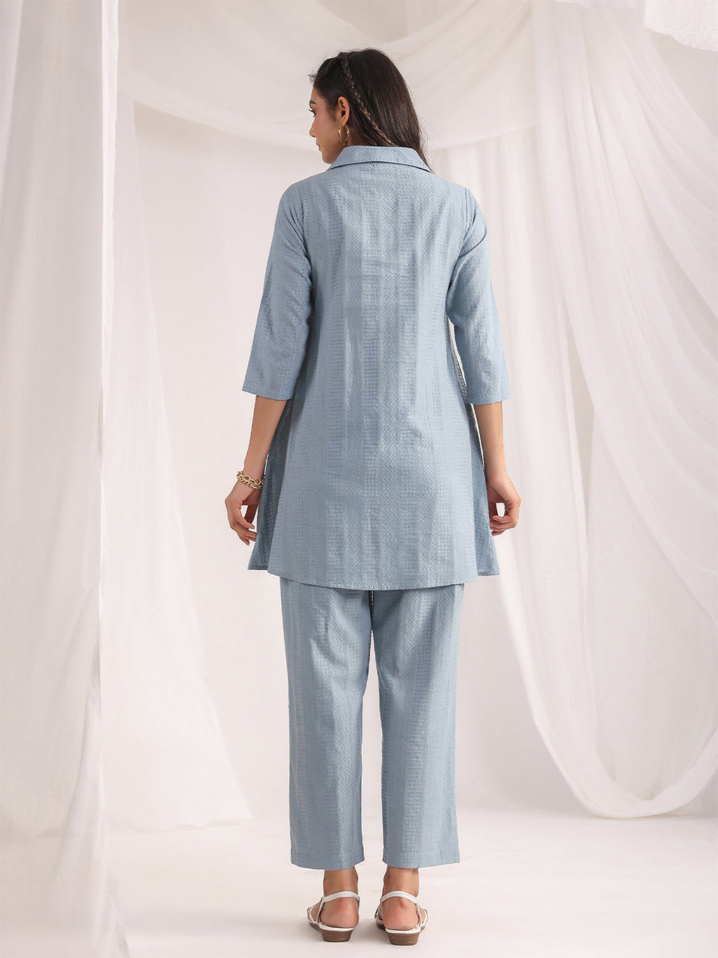 Janasya Light Jacquard Self Design Shirt Top & Bottom Set - Distacart