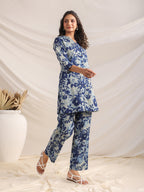 Janasya Dark Cotton Floral Straight Top & Bottom Set - Distacart