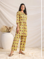 Janasya Bright Cotton Floral Pleated Top & Bottom Set - Distacart