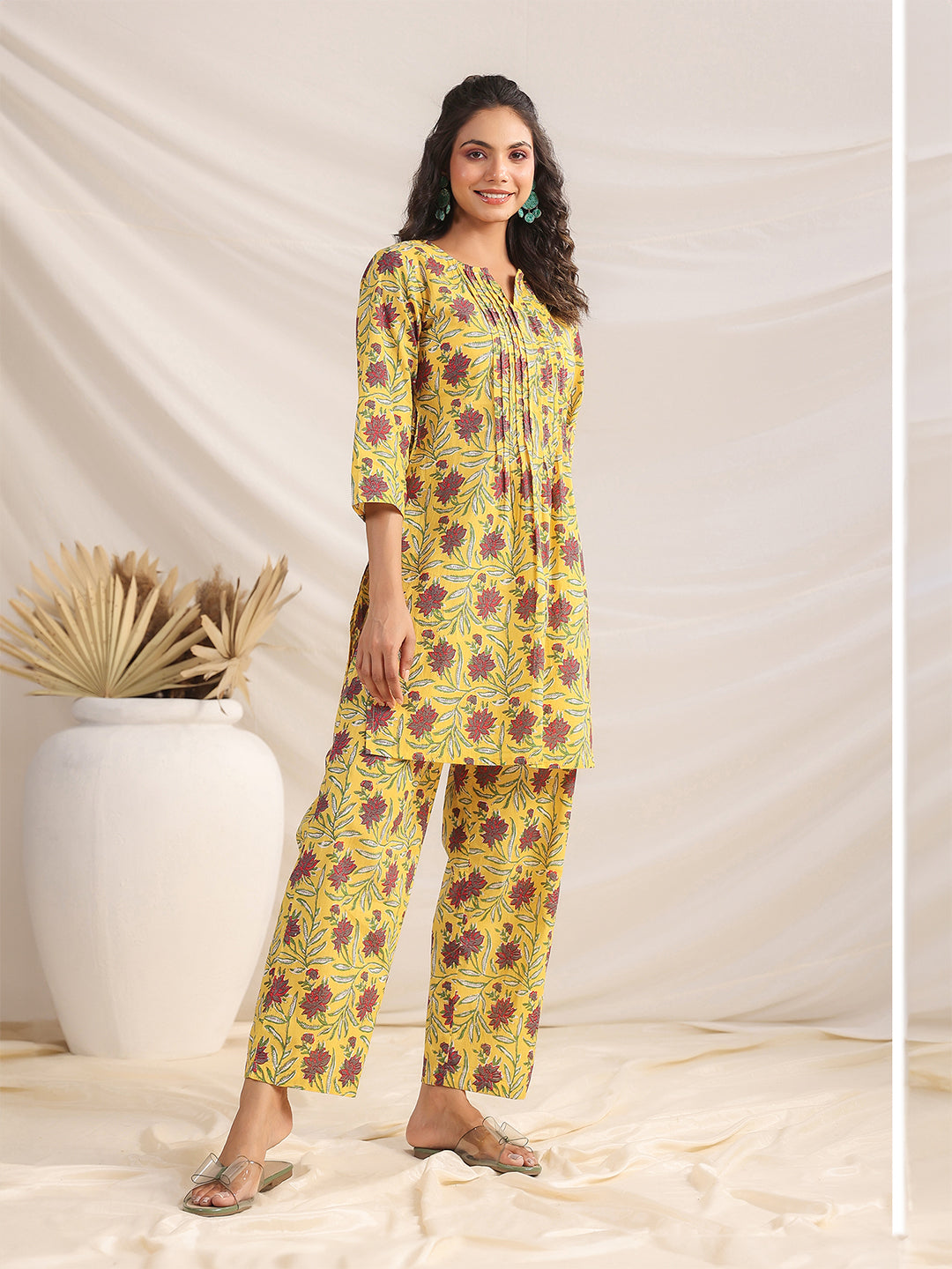 Janasya Bright Cotton Floral Pleated Top & Bottom Set - Distacart