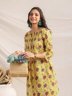 Janasya Bright Cotton Floral Pleated Top & Bottom Set - Distacart