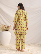 Janasya Bright Cotton Floral Pleated Top & Bottom Set - Distacart