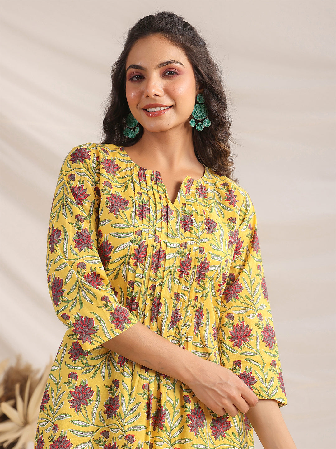 Janasya Bright Cotton Floral Pleated Top & Bottom Set - Distacart