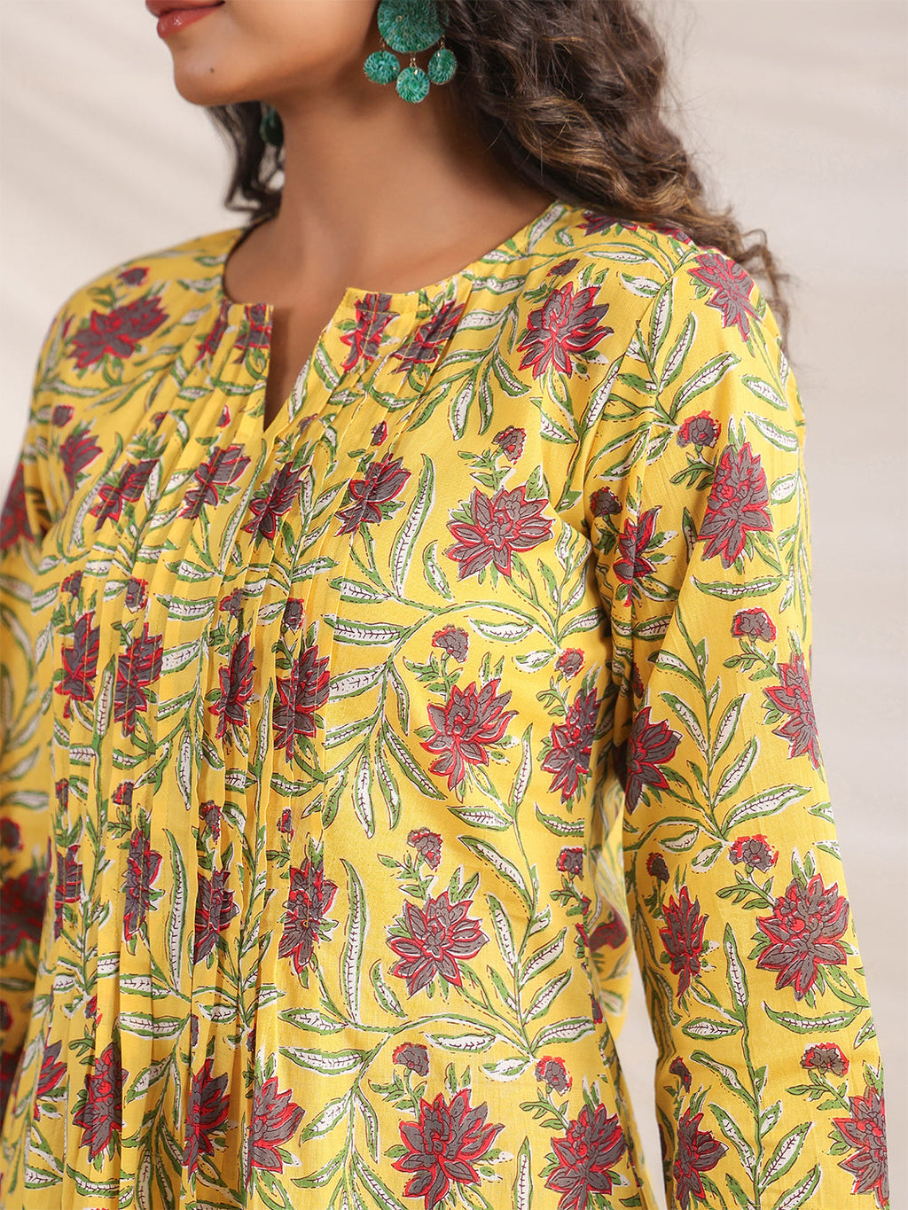 Janasya Bright Cotton Floral Pleated Top & Bottom Set - Distacart