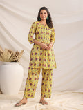 Janasya Bright Cotton Floral Pleated Top & Bottom Set - Distacart