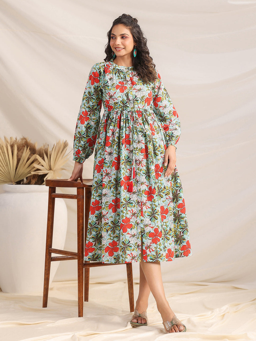 Janasya Pleated Cambric Blue Floral Band Collar Dress - Distacart