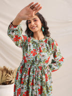Janasya Pleated Cambric Blue Floral Band Collar Dress - Distacart