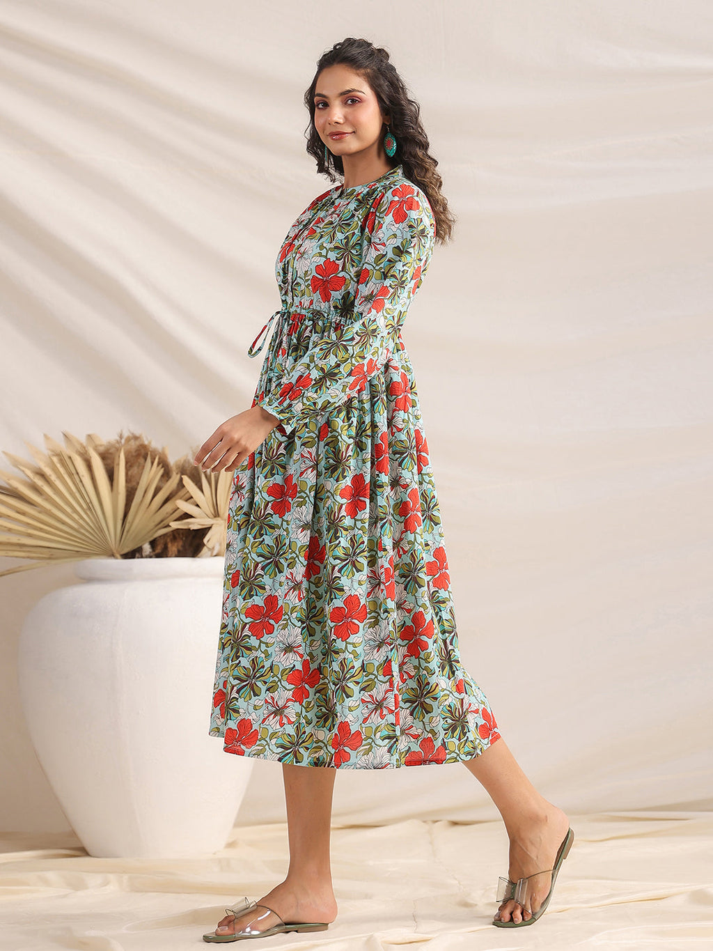Janasya Pleated Cambric Blue Floral Band Collar Dress - Distacart