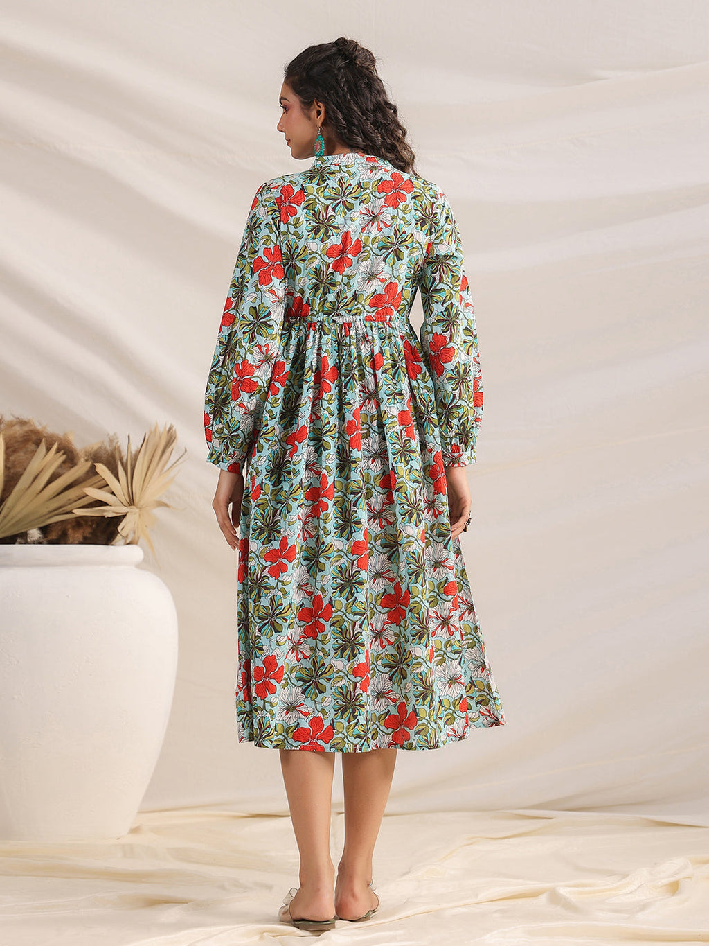 Janasya Pleated Cambric Blue Floral Band Collar Dress - Distacart