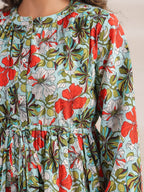Janasya Pleated Cambric Blue Floral Band Collar Dress - Distacart