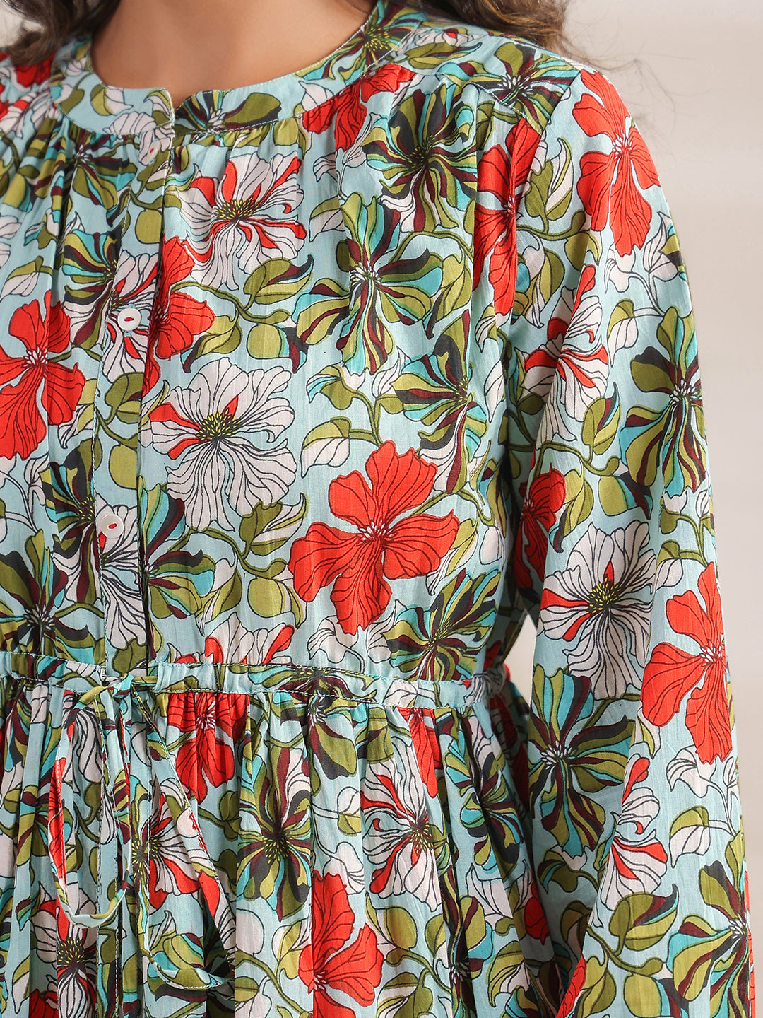 Janasya Pleated Cambric Blue Floral Band Collar Dress - Distacart