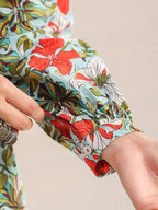 Janasya Pleated Cambric Blue Floral Band Collar Dress - Distacart