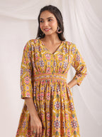 Janasya Gathered Cambric Mustard Ethnic Motifs V-Neck Dress - Distacart