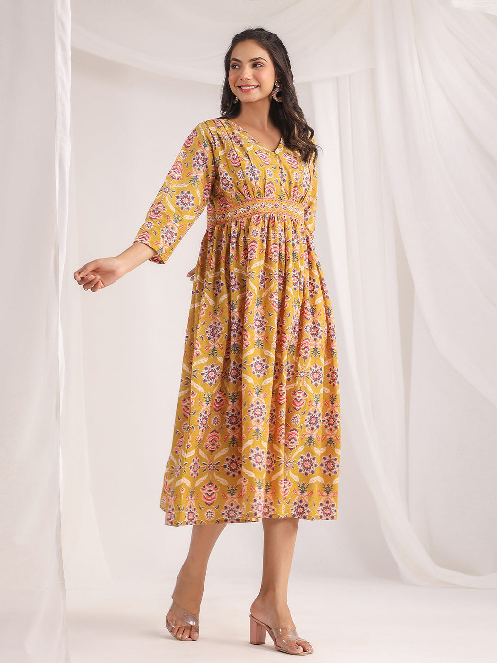 Janasya Gathered Cambric Mustard Ethnic Motifs V-Neck Dress - Distacart