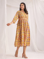 Janasya Gathered Cambric Mustard Ethnic Motifs V-Neck Dress - Distacart
