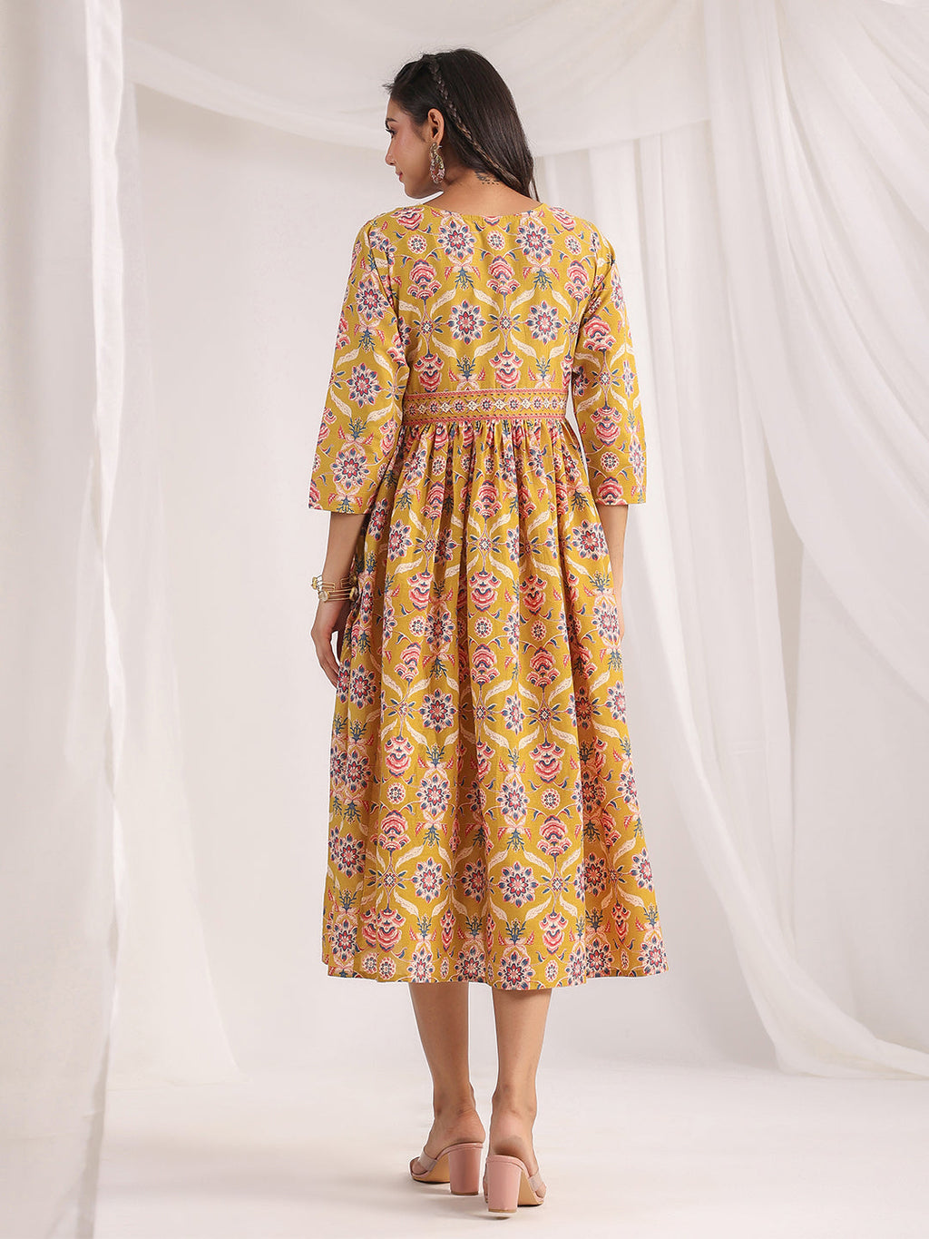 Janasya Gathered Cambric Mustard Ethnic Motifs V-Neck Dress - Distacart