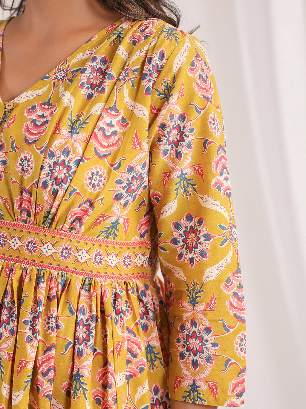 Janasya Gathered Cambric Mustard Ethnic Motifs V-Neck Dress - Distacart