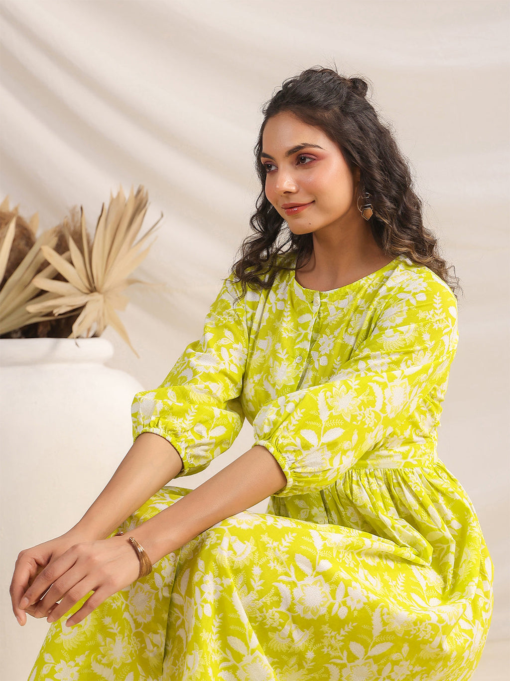 Janasya Bright Cotton Floral Gathered Dress - Distacart