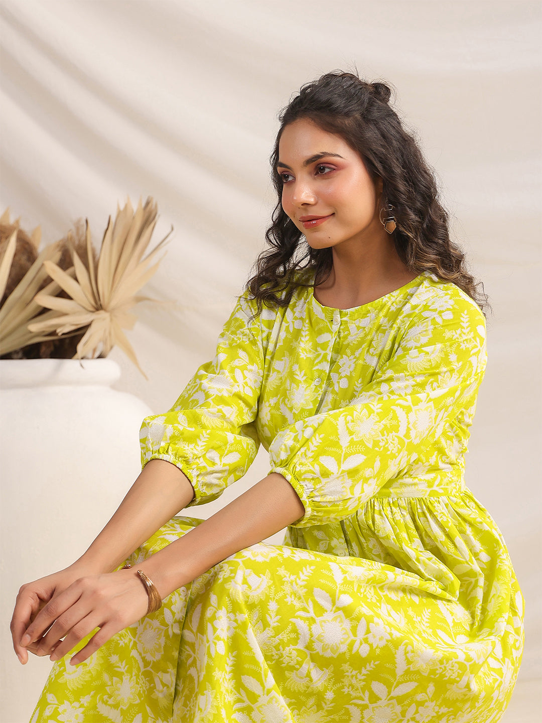Janasya Bright Cotton Floral Gathered Dress - Distacart
