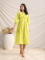 Janasya Bright Cotton Floral Gathered Dress - Distacart