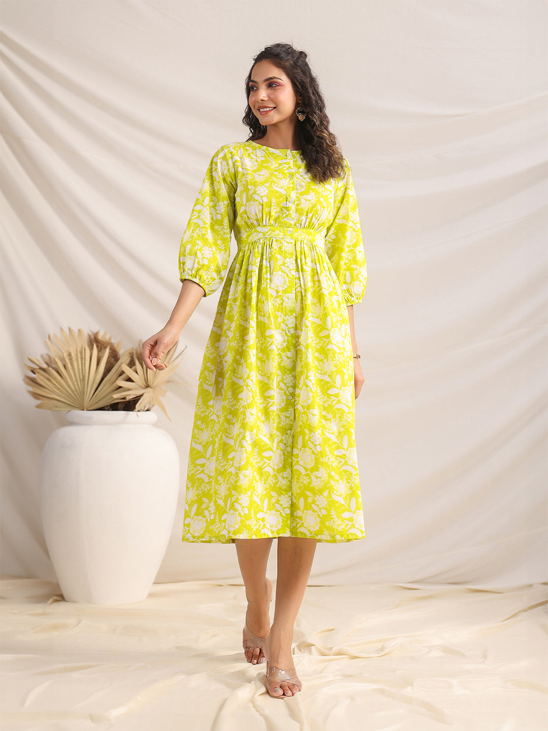 Janasya Bright Cotton Floral Gathered Dress - Distacart