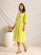 Janasya Bright Cotton Floral Gathered Dress - Distacart