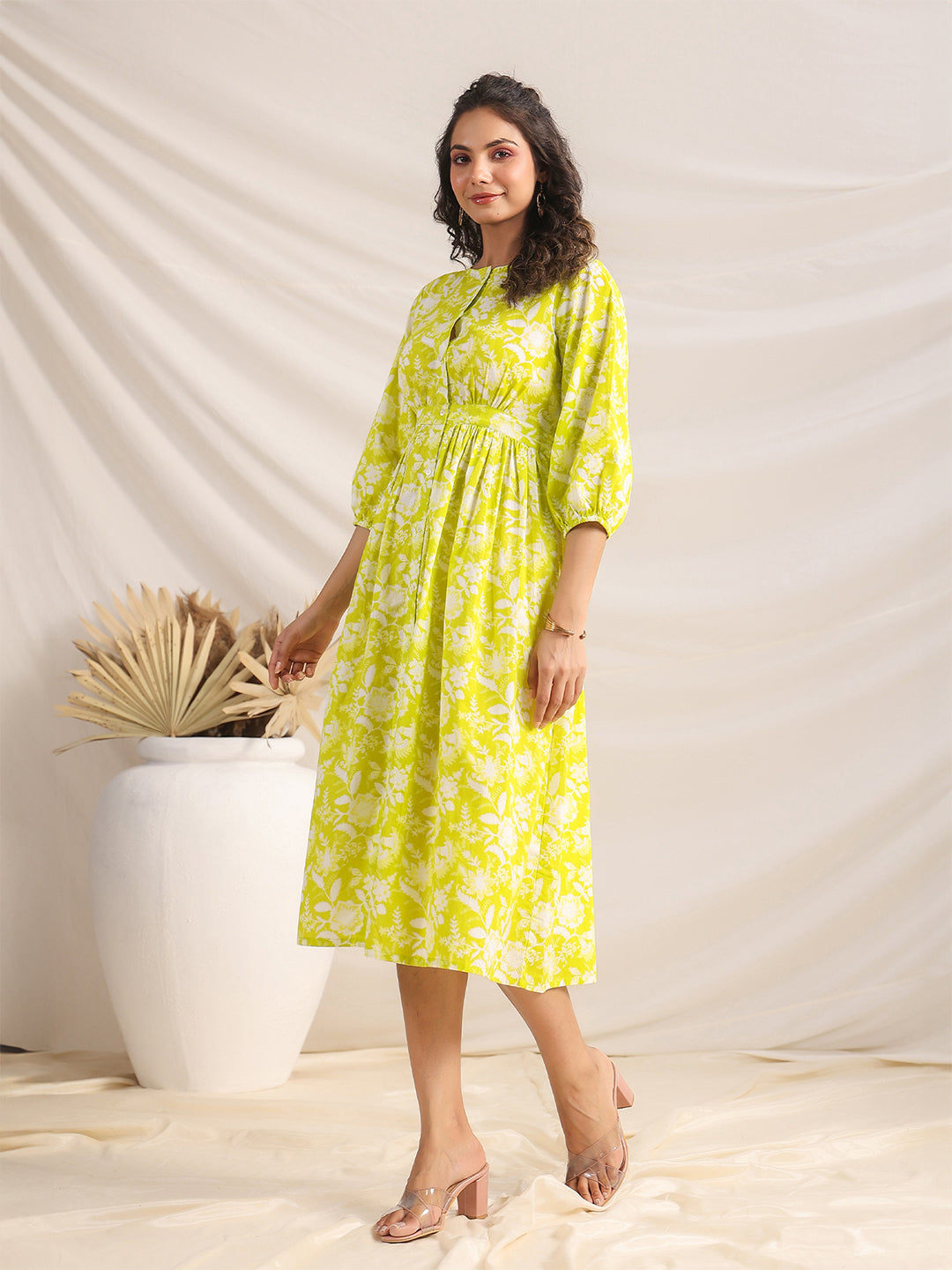 Janasya Bright Cotton Floral Gathered Dress - Distacart