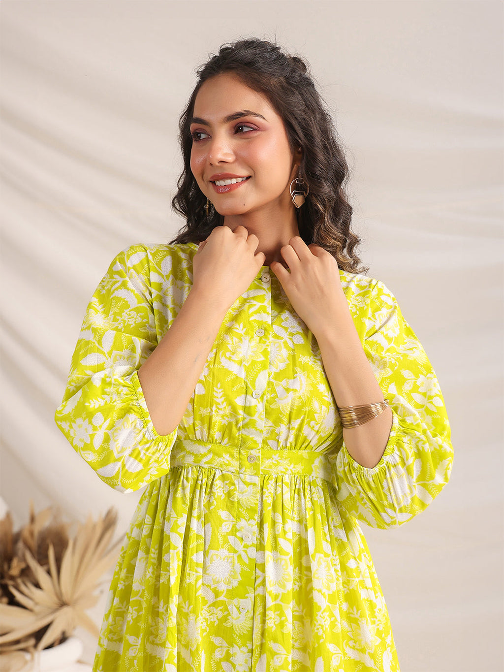 Janasya Bright Cotton Floral Gathered Dress - Distacart