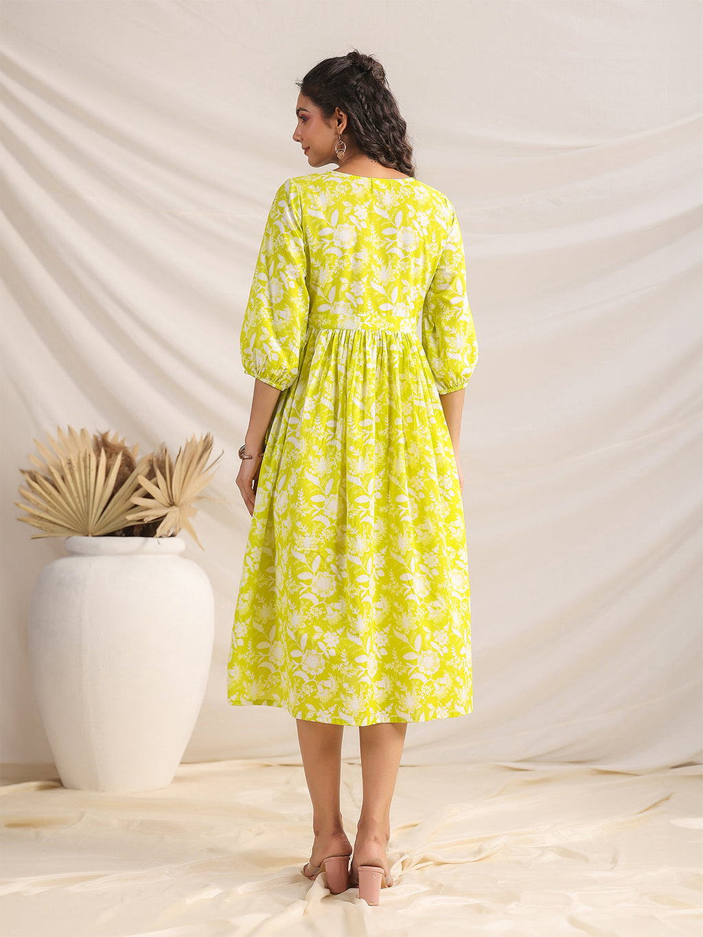 Janasya Bright Cotton Floral Gathered Dress - Distacart