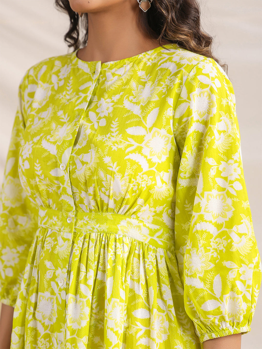Janasya Bright Cotton Floral Gathered Dress - Distacart